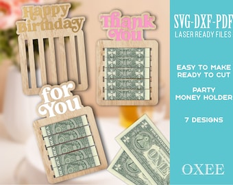 Porte-monnaie SVG par Oxee, modèle découpé au laser Porte-monnaie Merci, modèle de porte-monnaie cadeau d'anniversaire