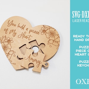 Tarjeta de madera de corazón de amor SVG archivo cortado con láser por Oxee, regalo del día de San Valentín, pieza de mi corazón, tarjeta de llavero de pieza de rompecabezas, regalo de madera SVG