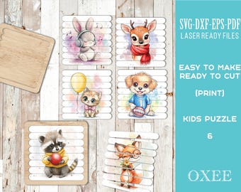 Kids toy Puzzle file by Oxee, Childrens Montessori puzzle file, cute animals puzzle Laser cut file, cnc pattern, Glowforge