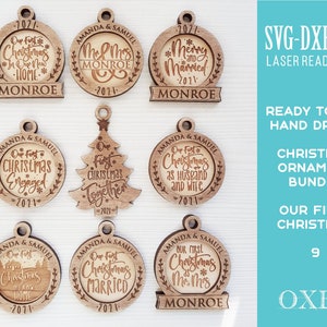 Our First Christmas ornament SVG bundle by Oxee, Christmas tree ornament svg, Mr and Mrs ornament svg bundle, Glowforge svg, Laser cut file