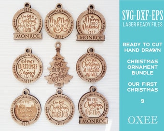 Our First Christmas ornament SVG bundle by Oxee, Christmas tree ornament svg, Mr and Mrs ornament svg bundle, Glowforge svg, Laser cut file