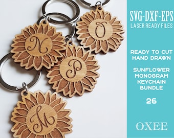 Sunflower Monogram Keychain SVG Bundle, Laser Cut Alphabet (Digital Download)