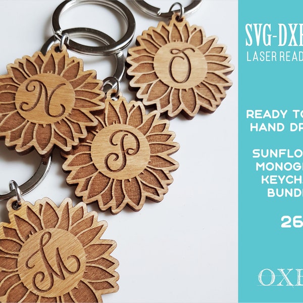 Sunflower alphabet keychain SVG bundle by Oxee, monogram gift, laser cut keychain, wooden keychain SVG, hand lettered alphabet