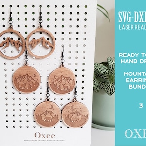 Mountain earrings SVG bundle by Oxee, wooden earrings laser cut, laser cut boho earrings, wooden bear in forest pendant SVG
