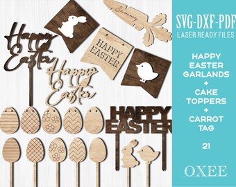 Laser Cut Easter Cake Toppers and Garlands Bundle (SVG DXF PDF)