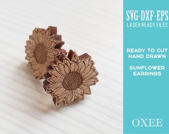 Sunflower stud earrings SVG by Oxee, sunflower stud wooden earrings laser cut, laser cut boho earrings, floral wooden earrings SVG