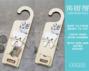 Tooth Fairy Sign SVG laser pattern by Oxee, wooden tooth fairy doo hanger with coin pocket, tooth fairy coin holder laser cut file