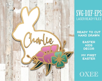 Easter Bunny kids sign SVG by Oxee, laser cut floral Easter bunny decor, laser cut wooden Bunny, my first Easter