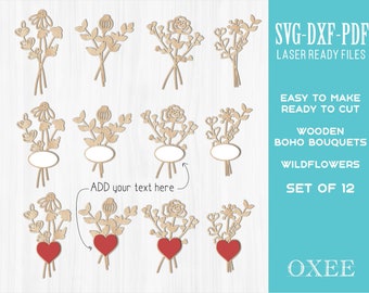 May include: Set of 12 laser-cut wooden wildflower bouquets with a heart or oval shape for adding text. SVG, DXF, and PDF files are included. "EASY TO MAKE READY TO CUT WOODEN BOHO BOUQUETS WILDFLOWERS SET OF 12 OXEE" text is visible.