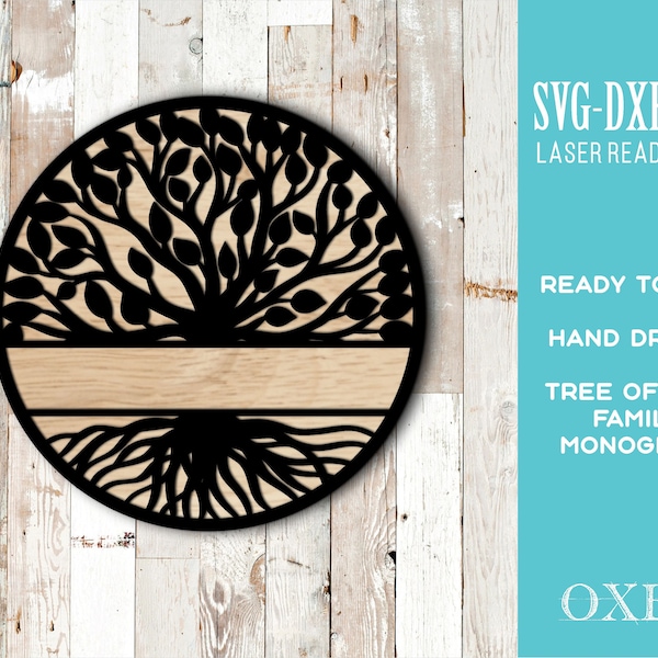 Tree of Life Family split monogram SVG by Oxee, wooden tree wall sign laser cut, laser cut wooden family sign