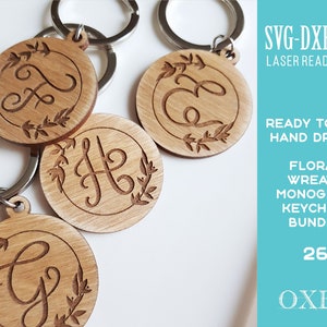 Llaveros del alfabeto de corona floral paquete SVG de Oxee, regalo de monograma, llavero cortado con láser, llavero de madera SVG, letras con letras a mano