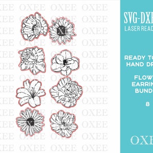Flower earrings SVG bundle by Oxee, lily wooden stud earrings laser cut, laser cut boho earrings, sunflower wooden stud earrings SVG image 2