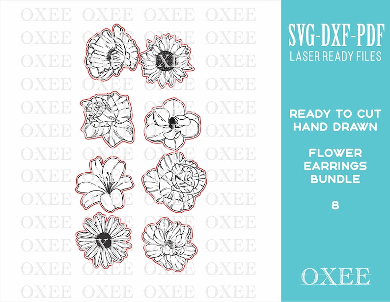 Flower earrings SVG bundle by Oxee, lily wooden stud earrings laser cut, laser cut boho earrings, sunflower wooden stud earrings SVG image 2