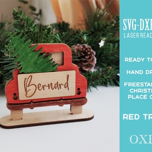 Freestanding Christmas place card SVG bundle by Oxee, red truck place card svg, Glowforge svg, Laser cut file