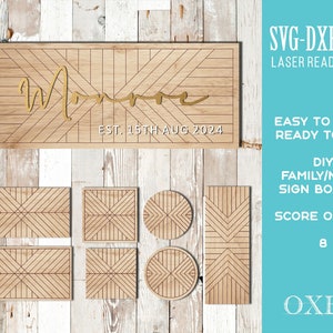 Boho Shiplap Name Sign SVG bundle by Oxee, wooden wall sign laser cut, laser cut wooden family sign, glowforge circle sign image 1
