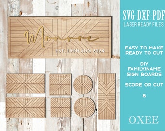 Boho Shiplap Name Sign SVG bundle by Oxee, wooden wall sign laser cut, laser cut wooden family sign, glowforge circle sign