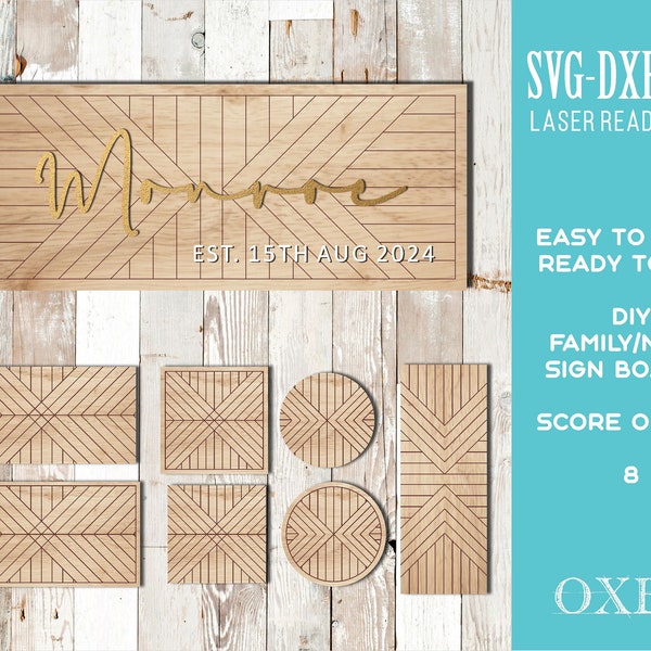 Boho Shiplap Name Sign SVG bundle par Oxee, panneau mural en bois découpé au laser, panneau familial en bois découpé au laser, panneau circulaire glowforge