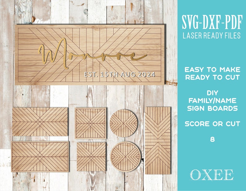 Boho Shiplap Name Sign SVG bundle by Oxee, wooden wall sign laser cut, laser cut wooden family sign, glowforge circle sign image 1