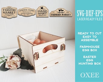 Faux shiplap farmhouse egg box by Oxee, laser cut Easter egg boxs, laser cut wooden egg holder