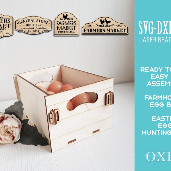 Faux shiplap farmhouse egg box by Oxee, laser cut Easter egg boxs, laser cut wooden egg holder