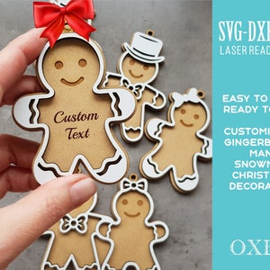Pacchetto SVG di ornamento natalizio Gingerbread Man di Oxee, coppia di pan di zenzero, taglio laser Gingerbread Man, ornamento personalizzato pupazzo di neve