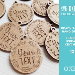 Paquete SVG de llavero de corona floral de Oxee, llavero SVG, corona dibujada a mano SVG, regalo hecho a mano, Glowforge svg, archivo cortado con láser