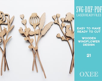 Wooden wildflower cut file by Oxee, wooden laser cut file, botanical wooden flower SVG, Glowforge svg, wooden flower bookmarks