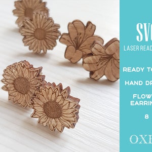 Flower earrings SVG bundle by Oxee, lily wooden stud earrings laser cut, laser cut boho earrings, sunflower wooden stud earrings SVG image 6