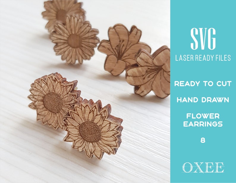 Flower earrings SVG bundle by Oxee, lily wooden stud earrings laser cut, laser cut boho earrings, sunflower wooden stud earrings SVG image 6