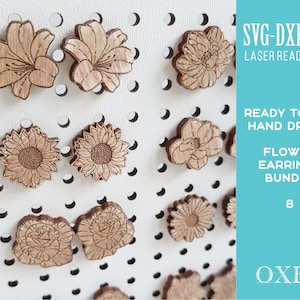 Flower earrings SVG bundle by Oxee, lily wooden stud earrings laser cut, laser cut boho earrings, sunflower wooden stud earrings SVG image 1