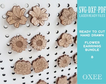 Flower earrings SVG bundle by Oxee, lily wooden stud earrings laser cut, laser cut boho earrings, sunflower wooden stud earrings  SVG