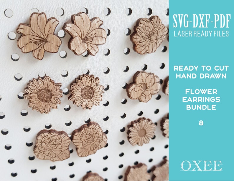 Flower earrings SVG bundle by Oxee, lily wooden stud earrings laser cut, laser cut boho earrings, sunflower wooden stud earrings SVG image 1