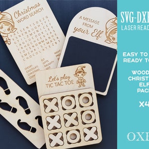 クリスマス エルフの木製ギフト パック SVG by Oxee、エルフからのクリスマス ギフト、エルフの三目並べ、エルフからのメッセージ ボード、クリスマスの木製ワードサーチ
