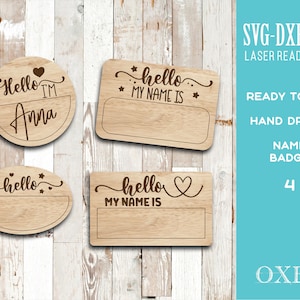 Name Badge bundle by Oxee, wooden name badge cut file svg, laser cut file, Glowforge name badge, name announcement badge