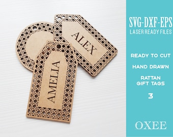 Paquete SVG de etiquetas de regalo de ratán por Oxee, Cane Stocking svg, etiquetas de regalo de madera, Glowforge svg, archivo de corte láser