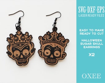 Queen and Kind Halloween earrings SVG by Oxee, laser cut Sugar Skull Earrings, laser cut Halloween earrings