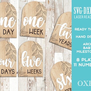 Arch Baby Milestone SVG paquete de Oxee, arco afloral recién nacido foto signo svg, nueve meses svg, doce meses svg, Glowforge bebé hito