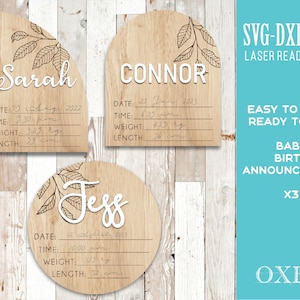 Arquivo de corte a laser SVG para anúncio de nascimento, sinal de recém-nascido boho arqueado svg, sinal de estatística de bebê personalizado, marco de bebê Glowforge