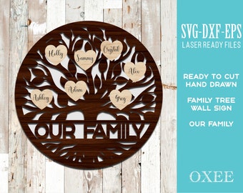 May include: A brown wooden family tree wall sign with the words "OUR FAMILY" at the bottom. The tree has seven heart-shaped leaves with names written on them: Holly, Sammy, Crystal, Alex, Adam, Ashley, and Greg.
