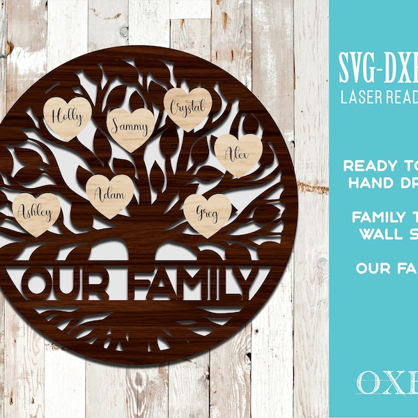 Family tree our Family SVG by Oxee, wooden tree wall sign laser cut, laser cut wooden family sign