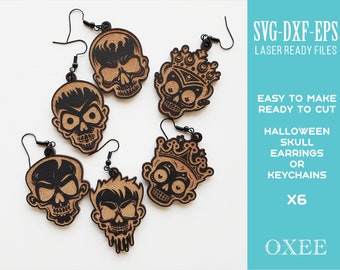 Skull Halloween earrings bundle SVG by Oxee, laser cut Sugar Skull keychain, laser cut Halloween earrings