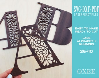May include: A set of 36 laser-cut wood letters and numbers with a lace design. The letters are in uppercase and the numbers are in a standard font. The letters and numbers are brown and have a white background. The text on the image reads "SVG-DXF-PDF LASER READY FILES EASY TO MAKE READY TO CUT LACE ALPHABET + NUMBERS 26+10 OXEE".