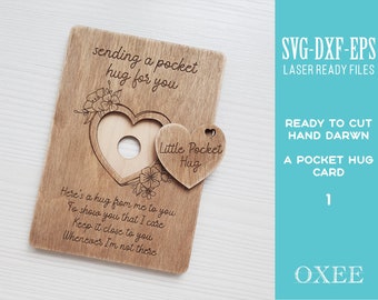 Tarjeta de San Valentín de madera cortada a láser con forma de abrazo de bolsillo (SVG) (descarga digital)