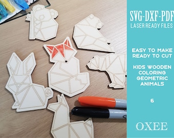 Coloring wooden animals laser pattern by Oxee, wooden kids geometric animals, panda and lama laser cut file