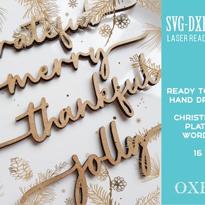 Paquete SVG de palabras de placa de Navidad escritas a mano por Oxee, palabras de Navidad svg, tarjetas de lugar de madera, Glowforge svg, archivo cortado con láser
