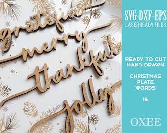 Handwritten Christmas plate words SVG bundle by Oxee, Christmas words svg, wooden place cards, Glowforge svg, Laser cut file