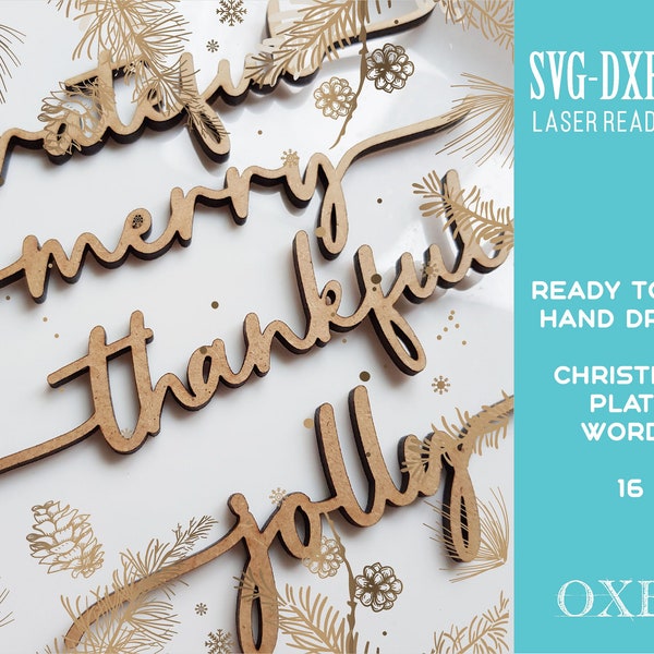 Handwritten Christmas plate words SVG bundle by Oxee, Christmas words svg, wooden place cards, Glowforge svg, Laser cut file