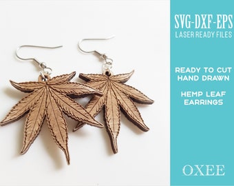 Hemp Leaf earrings SVG by Oxee, hemp wooden earrings laser cut, laser cut boho earrings, autumn leaves wooden earrings SVG