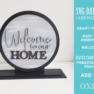 Cadre circulaire autoportant interchangeable par Oxee, faux shiplap bienvenue dans notre fichier découpé au laser maison, décoration intérieure autoportante