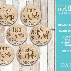 Paquete de discos SVG de Rattan Baby Milestone de Oxee, signo de recién nacido boho svg, Hello World svg, archivo de corte láser, edad mensual del bebé svg